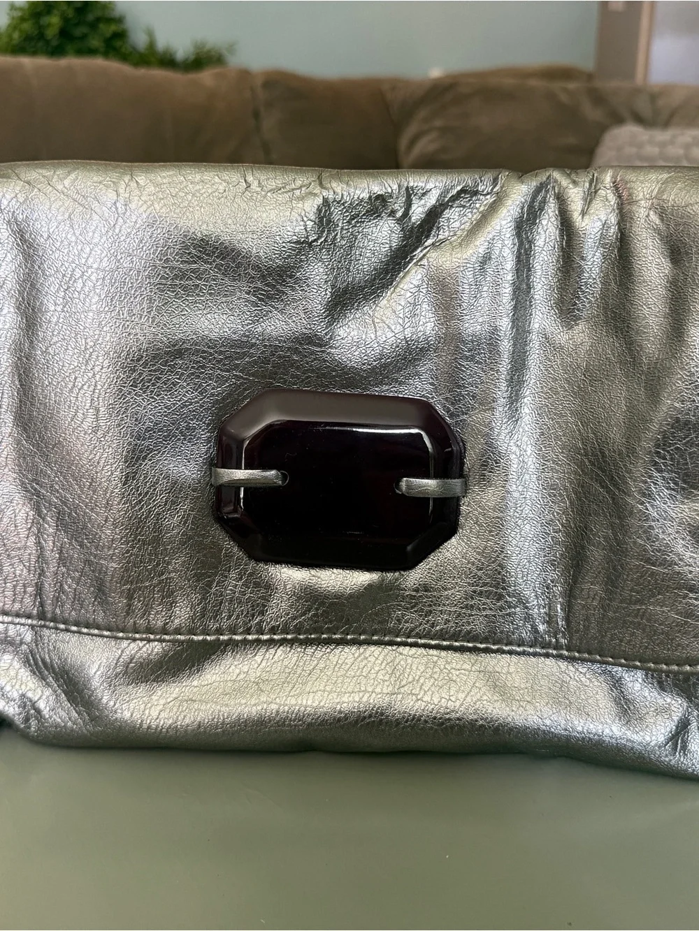 mark. Metallic Silver Fold-Over Clutch with Dark Accent Clasp